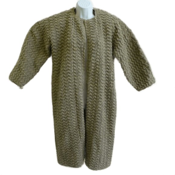 Vintage Boucle Wool Duster Jacket Pockets Open Front Lined Embellished Beige 6 - Picture 14 of 15